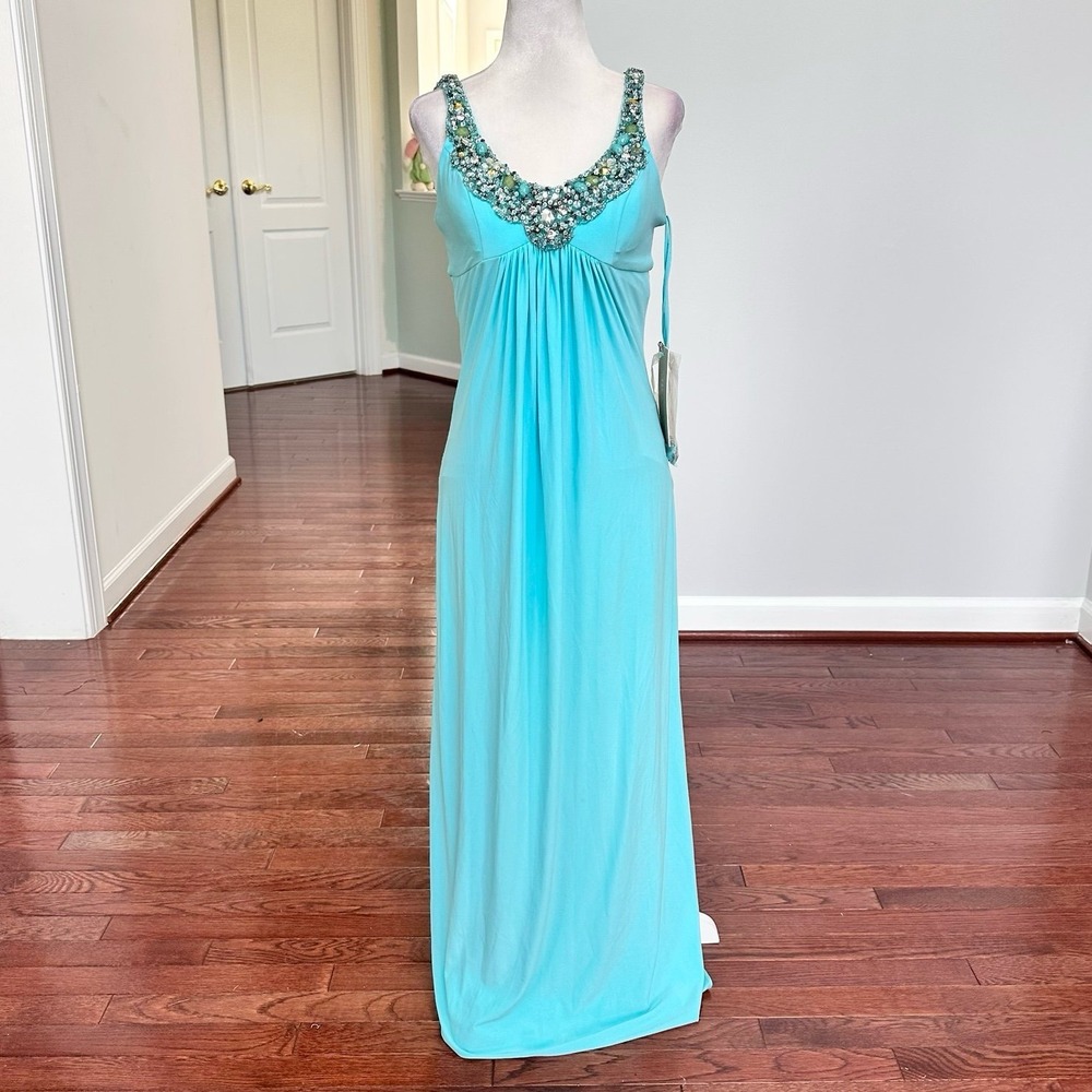 Luxury Mignon Light Blue Embellished Beaded Trim Plunge Gown Dress Size 4